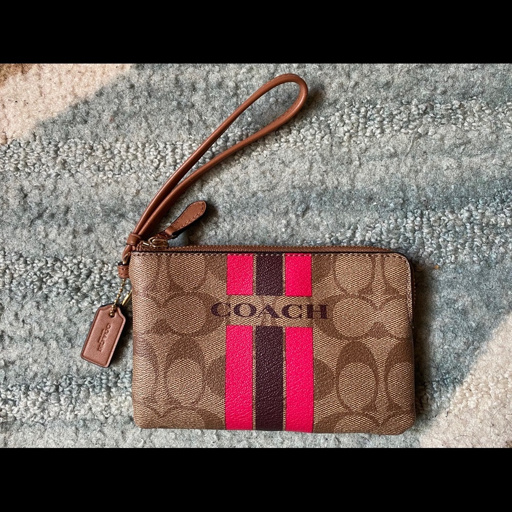 Coach Coin Purse Tan Monogram Signature Stripe